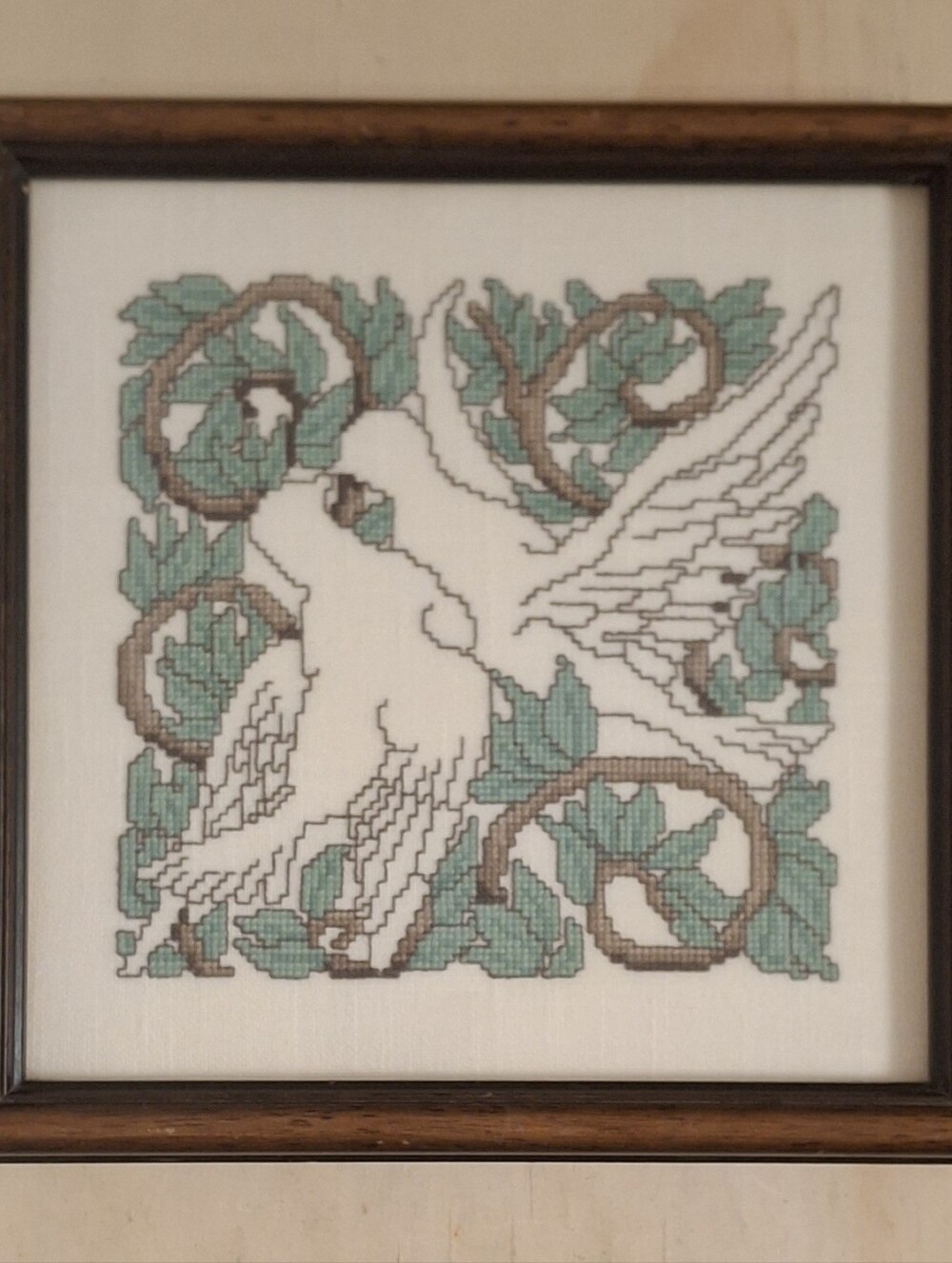 Vintage Framed Cross Stitch Bird Decor • White Doves & Foliage Needlepoint Art